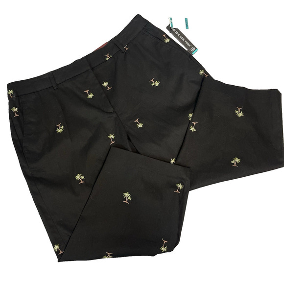 JM Collection Pants size 16 Petite Black Palm Trees Hidden Stretch Waistband - Picture 1 of 7